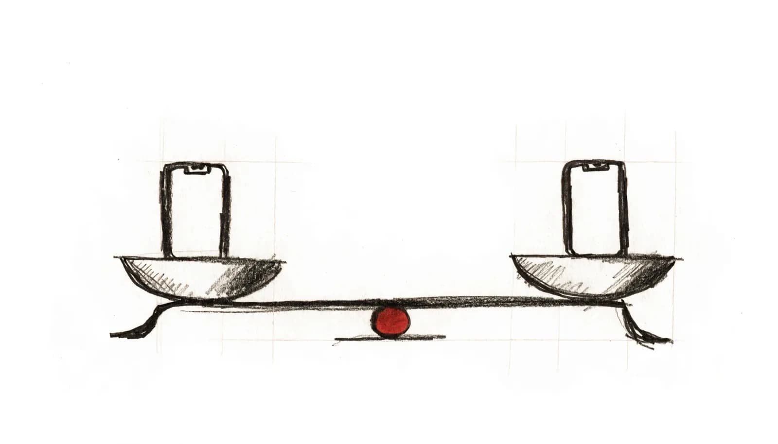 Croquis à l'encre : deux téléphones identiques posés sur les plateaux d'une balance parfaitement à l'équilibre, pivot rouge.